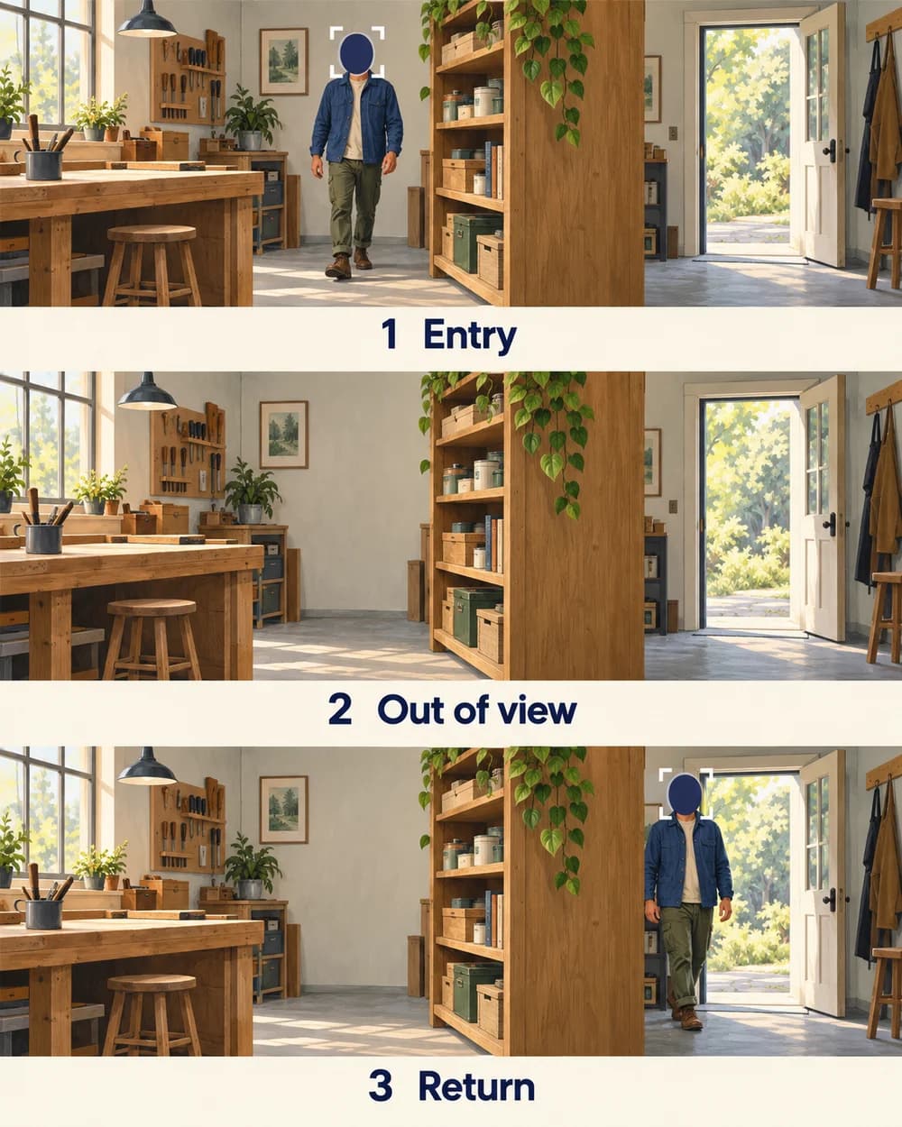 Three illustrated workshop scenes: a visitor enters, disappears behind a shelf, and returns with face coverage in the new position