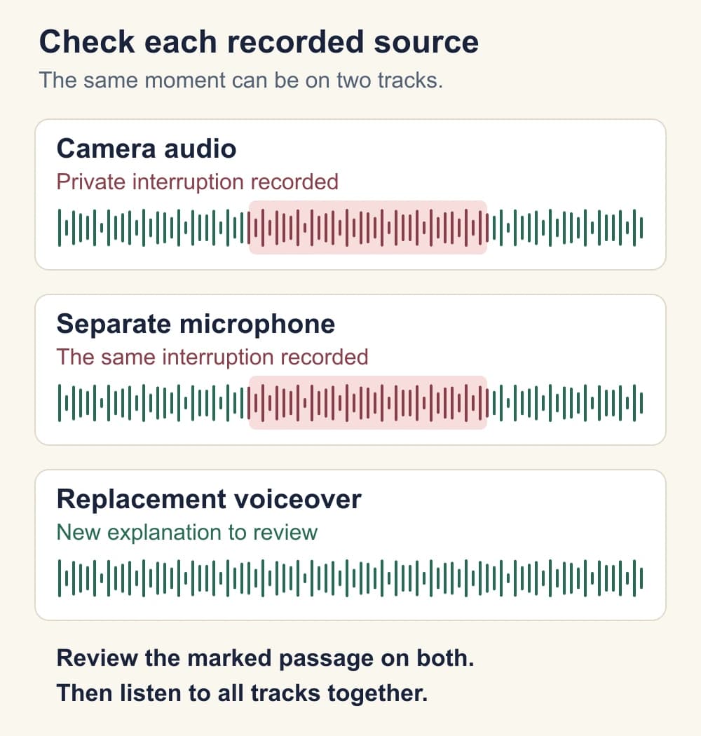 Diagram of camera audio, a separate microphone track and replacement voiceover, with the same private interval marked on the first two tracks