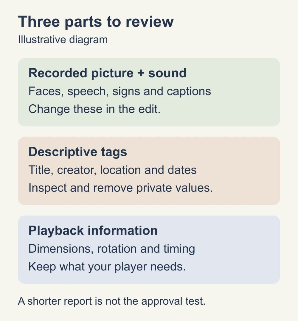 Three parts of a video file: recorded picture and sound, descriptive tags such as a title or location, and technical information such as rotation and timing