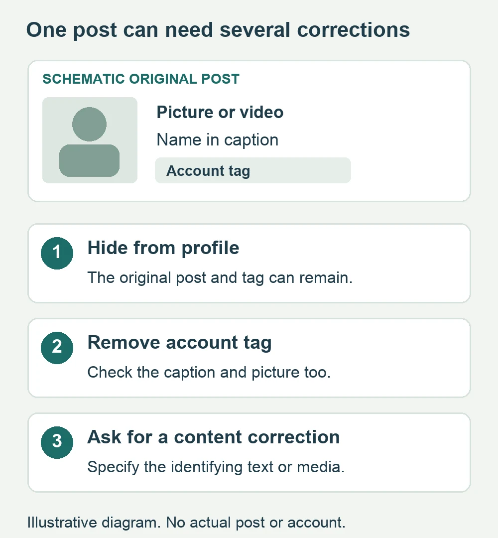 A schematic post contains a picture, a name in its caption and an account tag, followed by separate choices to hide profile display, remove the tag or request a content correction