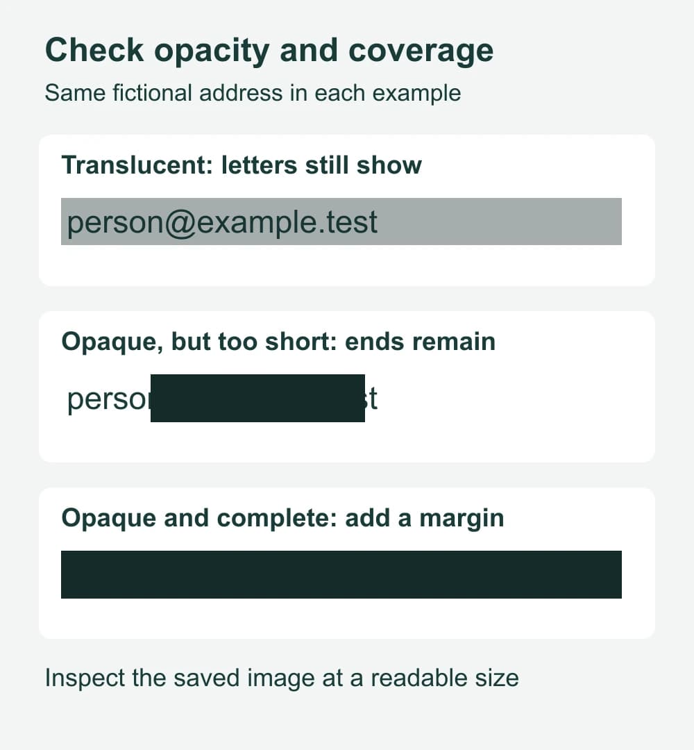Three schematic covers over the fictional text person@example.test: a translucent strip, a short solid strip with visible ends, and a complete solid rectangle