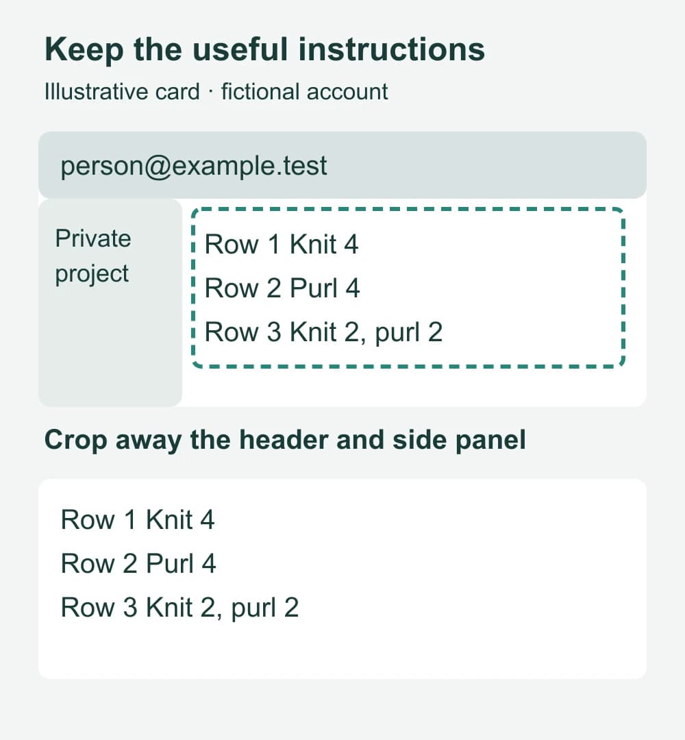 Illustrative knitting instruction card with a fictional account header and side panel, followed by a crop containing only row instructions