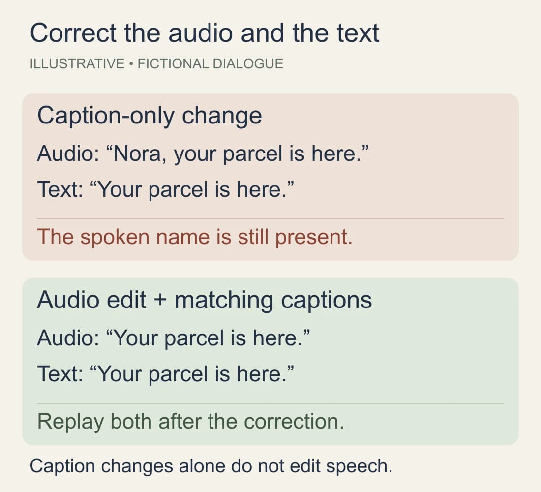 Diagram comparing a caption-only edit that leaves a fictional name in audio with an audio edit followed by matching captions