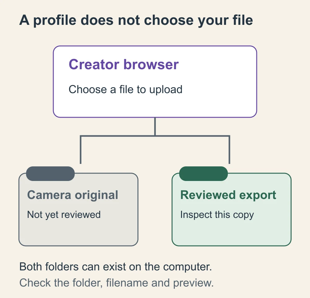 Schematic showing a creator browser upload choice connected to both a camera-original folder and a reviewed-export folder on the same computer