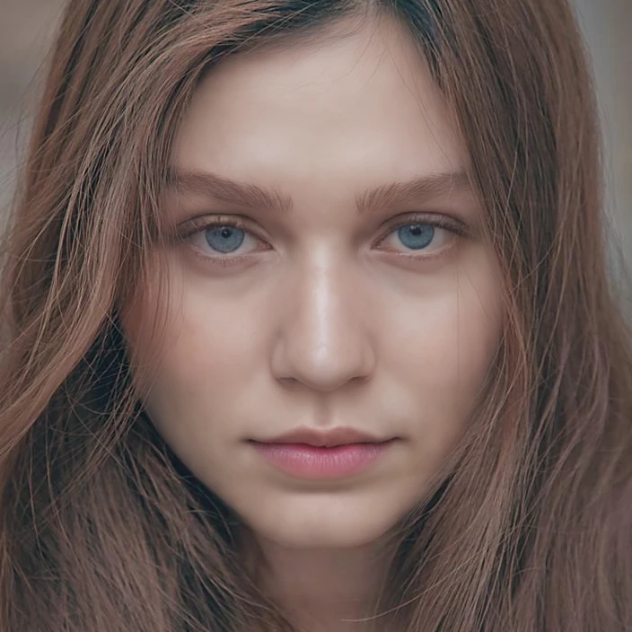 Close-up of a woman with long brown hair looking straight at the camera, after the v2 update