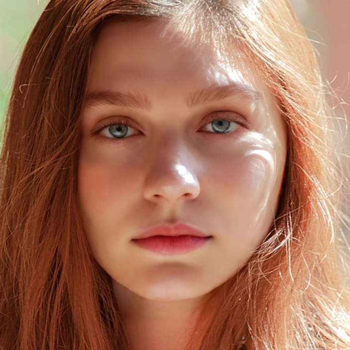 Close-up of a woman with long red hair in bright sunlight, after the v2 update