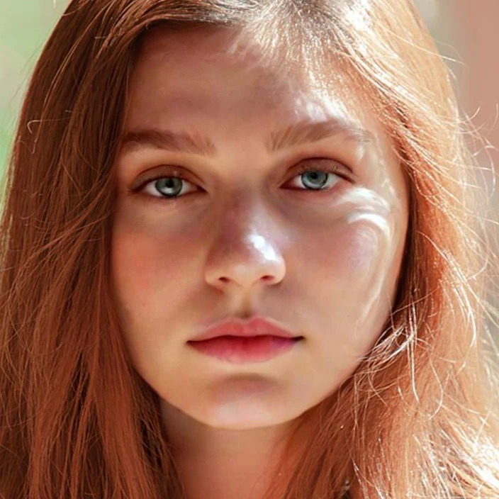 Close-up of a woman with long red hair in bright sunlight, before the v2 update