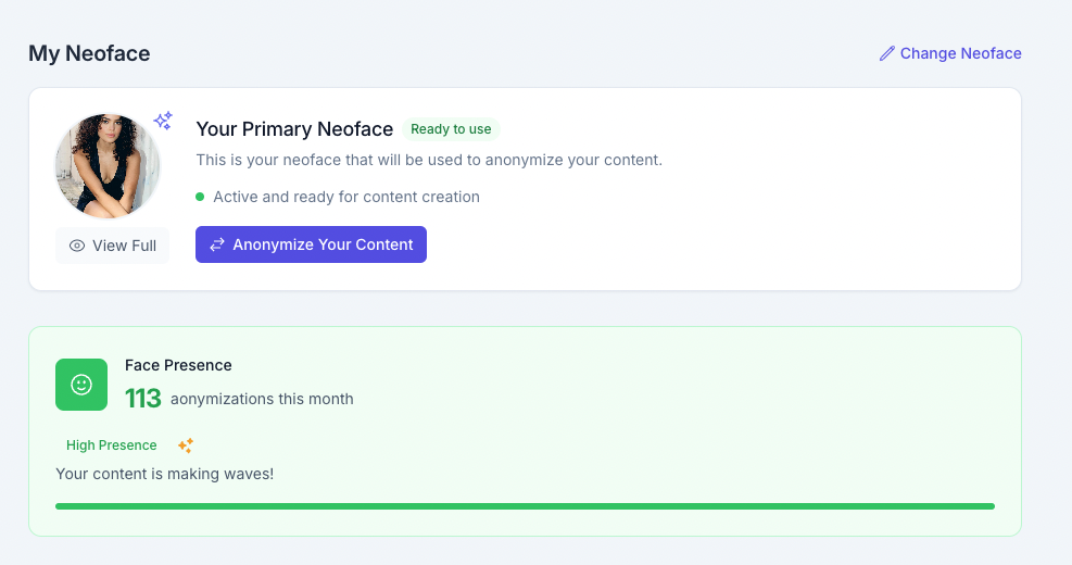 NeoFace dashboard showing the creator workflow