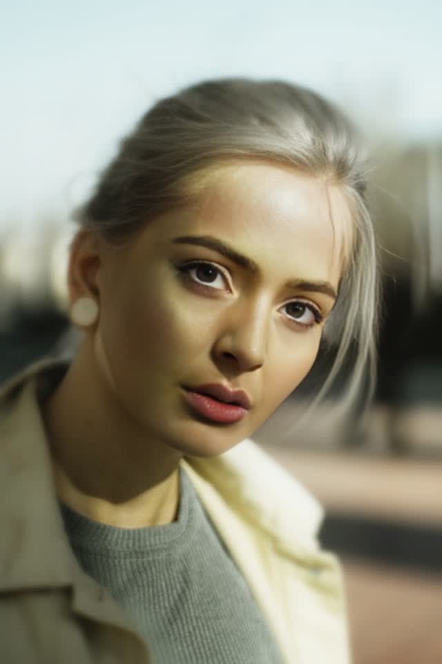 The same photo after AI face replacement, with a synthetic face and unchanged pose, hair, and lighting