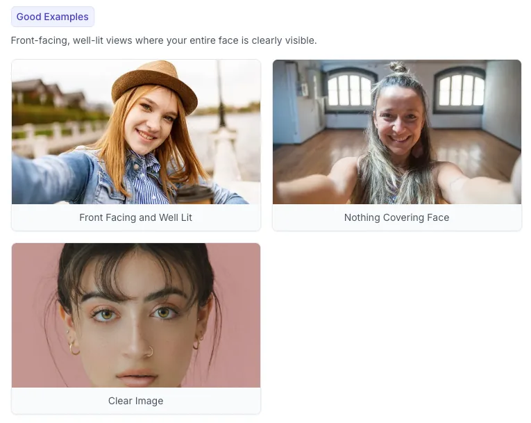 Neoface-friendly framing examples showing good and bad face angles, lighting, and occlusion